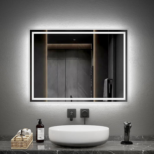 EMKE LED bathroom mirror with lighting 80x60cm, equipped with a toggle switch and anti-fog feature. Choose between warm white and cool white light modes, and mount the energy-efficient mirror horizontally or vertically.