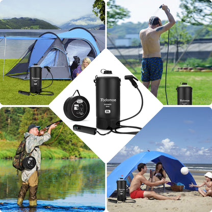 Tadomoe camping shower, 20 liter solar shower with portable shower pump, portable shower camping bag with convenient nozzle, temperature display, hot water solar shower for camping beach hiking travel.