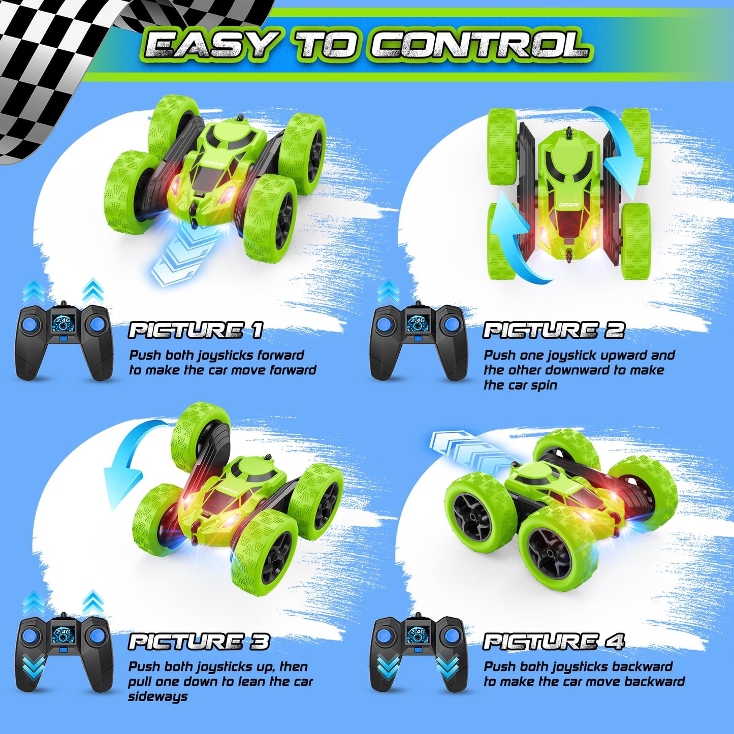 Cosone Remote Control Cars, RC Cars Stunt Car, 2.4 GHz, remote control toy cars for boys, All-wheel off-road stunt car, double-sided, 360° rotating, gifts for kids ages 6 and up (Green)