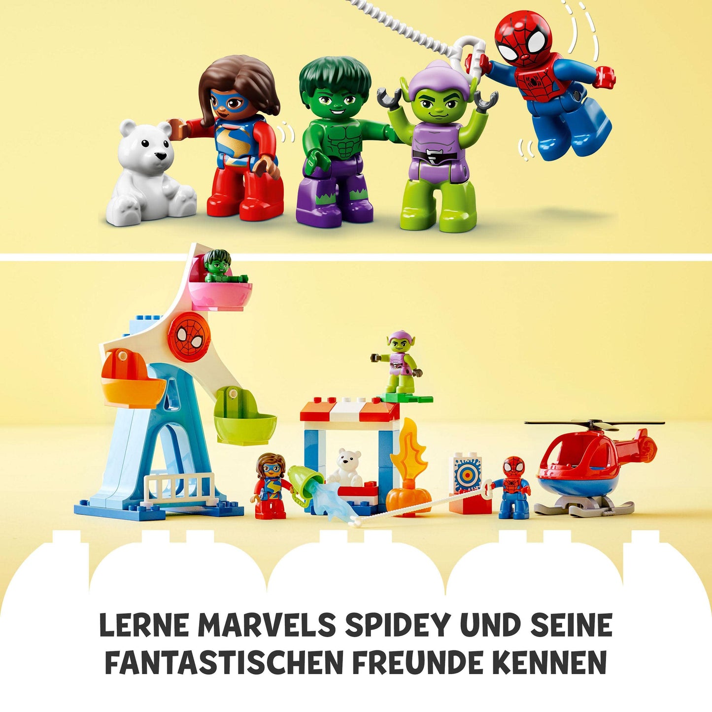 LEGO 10963 DUPLO Marvel Spider-Man & Friends: Fairground Adventure, amusement park with toy helicopter, Hulk and Green Goblin figures, for ages 2 and up.