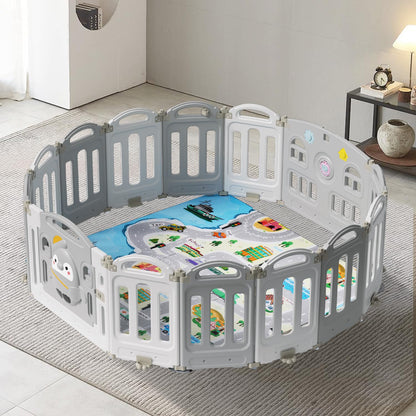 Izrielar Playpen Foldable Play Yard Baby Playpen Activity Center Playpen, Plastic Child Safety Gate with Crawling Mat and Story Machine, 14 Panels Gray and White