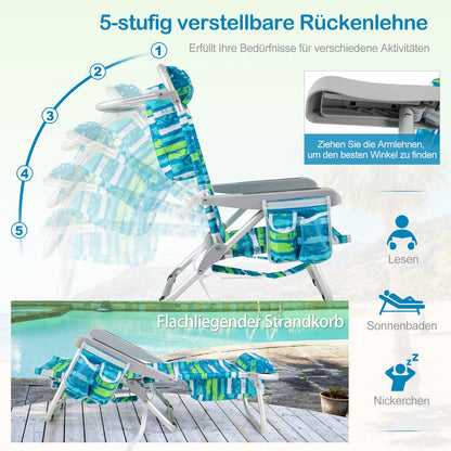 COSTWAY beach chairs foldable light, set of 2, camping chairs with adjustable backrest, headrest, side pockets, shoulder straps, towel holder & armrests, folding chairs, outdoor chairs