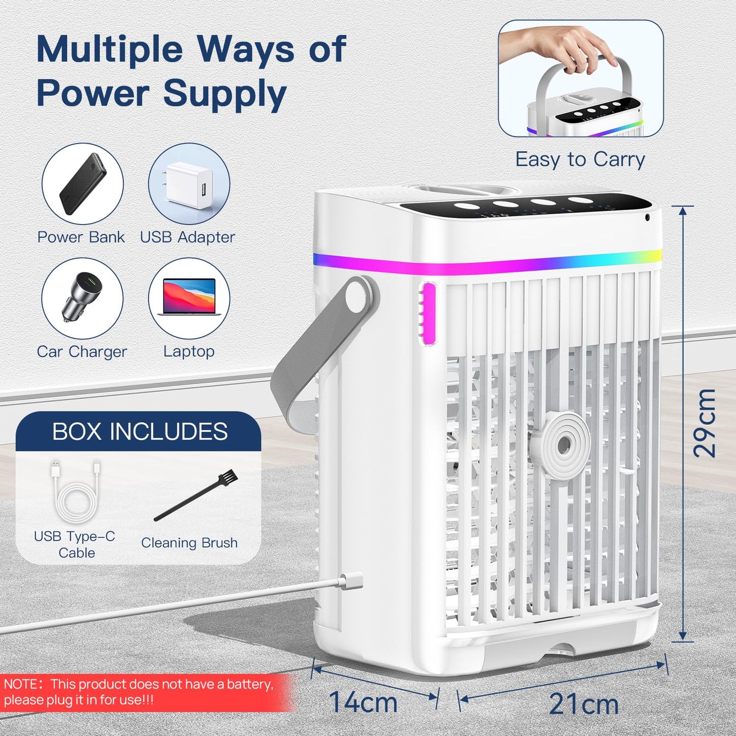 Mobile air conditioner, 4 in 1 portable air cooler with cooling mist, mobile air conditioning unit without exhaust hose, mini air cooler with 3 levels & 7 colors night light, portable air conditioner for home/office.