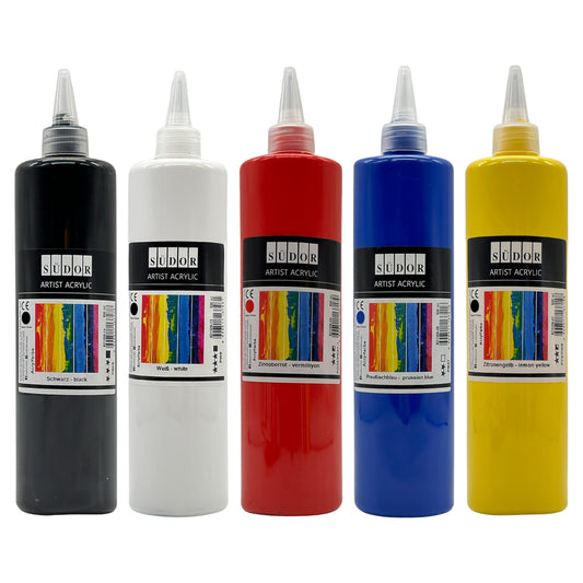 Acrylic paint set. 10 colors, each 500ml. Opaque painting colors for canvas, pouring, paper, wood, stone, fabric, leather, metal, ceramic. All-purpose paint set (10 x 500 ml)
