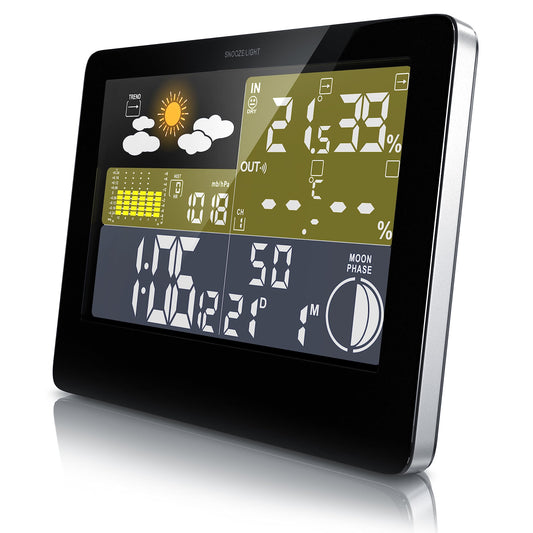 CSL wireless weather station with color display incl. outdoor sensor, DCF reception signal radio clock, indoor and outdoor temperature, weather forecast icons and more. LCD display.