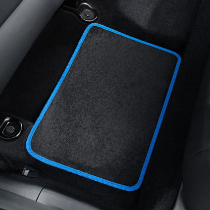 WOLTU car floor mat set with 4 mats, universal all-weather mats with embroidery. Car carpet against water, non-slip heel protectors made of carpet material. Black Blue.