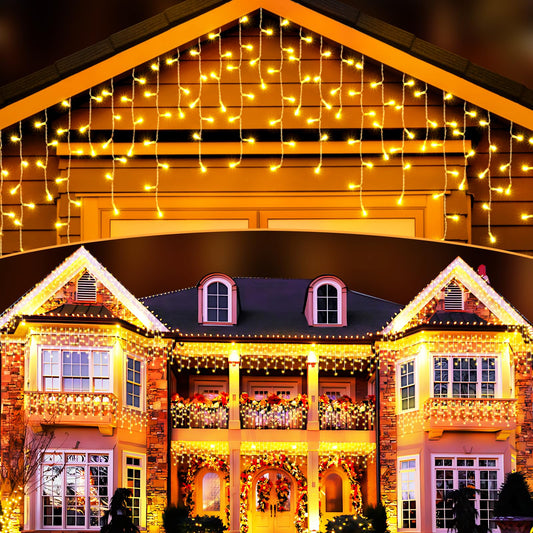 Elegear 10M 400 LED Icicle String Lights Outdoor, Expandable Curtain Lights with Timer IP44 Warm White Icicle Window Lights 8 Modes Christmas Lights for Christmas Decoration Eaves Garden Balcony