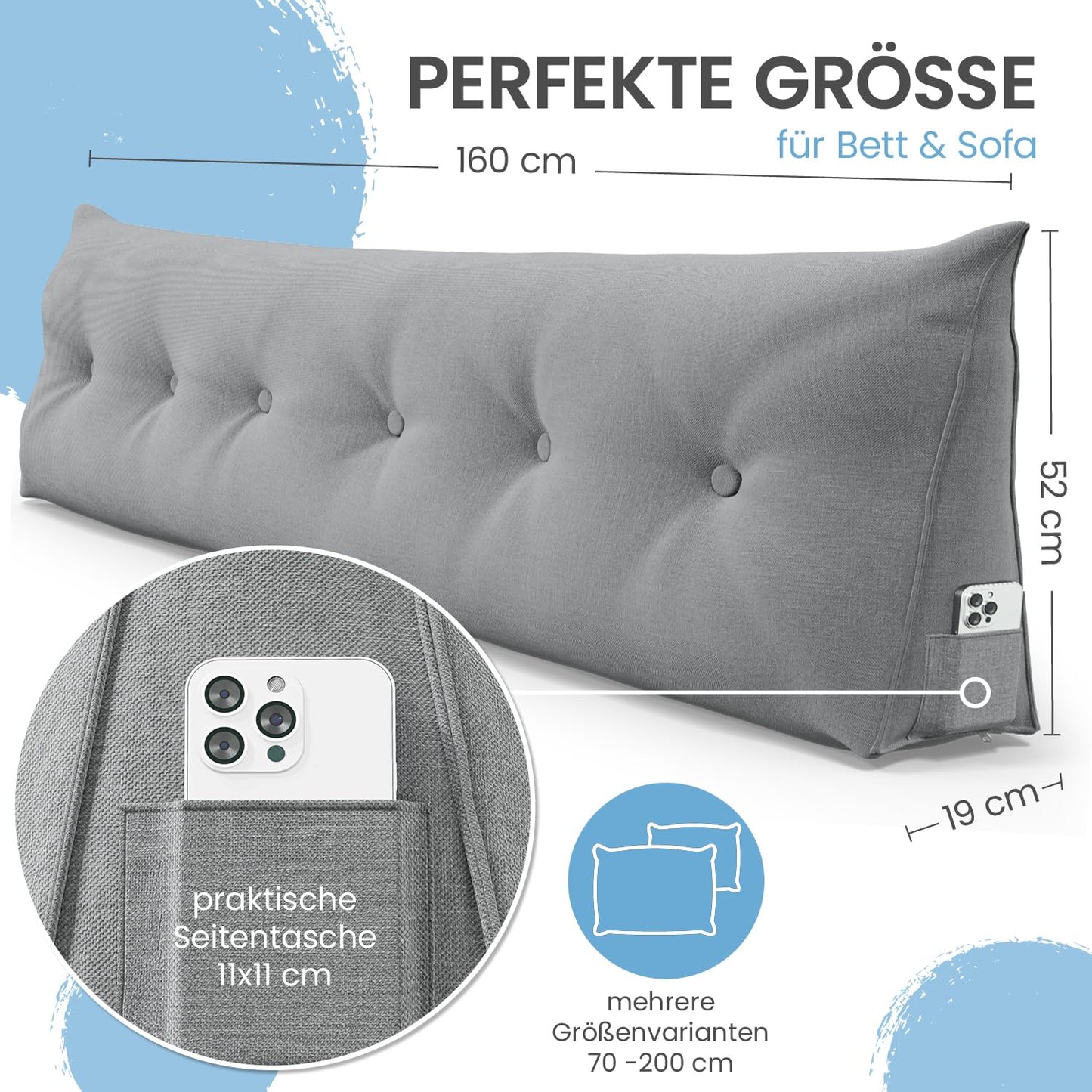 ELONEO back cushion 160 cm wide, wedge pillow suitable for bed and sofa, triangular reading pillow, pillow with removable and washable cover, with convenient side pocket.