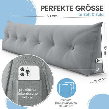 ELONEO back cushion 160 cm wide, wedge pillow suitable for bed and sofa, triangular reading pillow, pillow with removable and washable cover, with convenient side pocket.