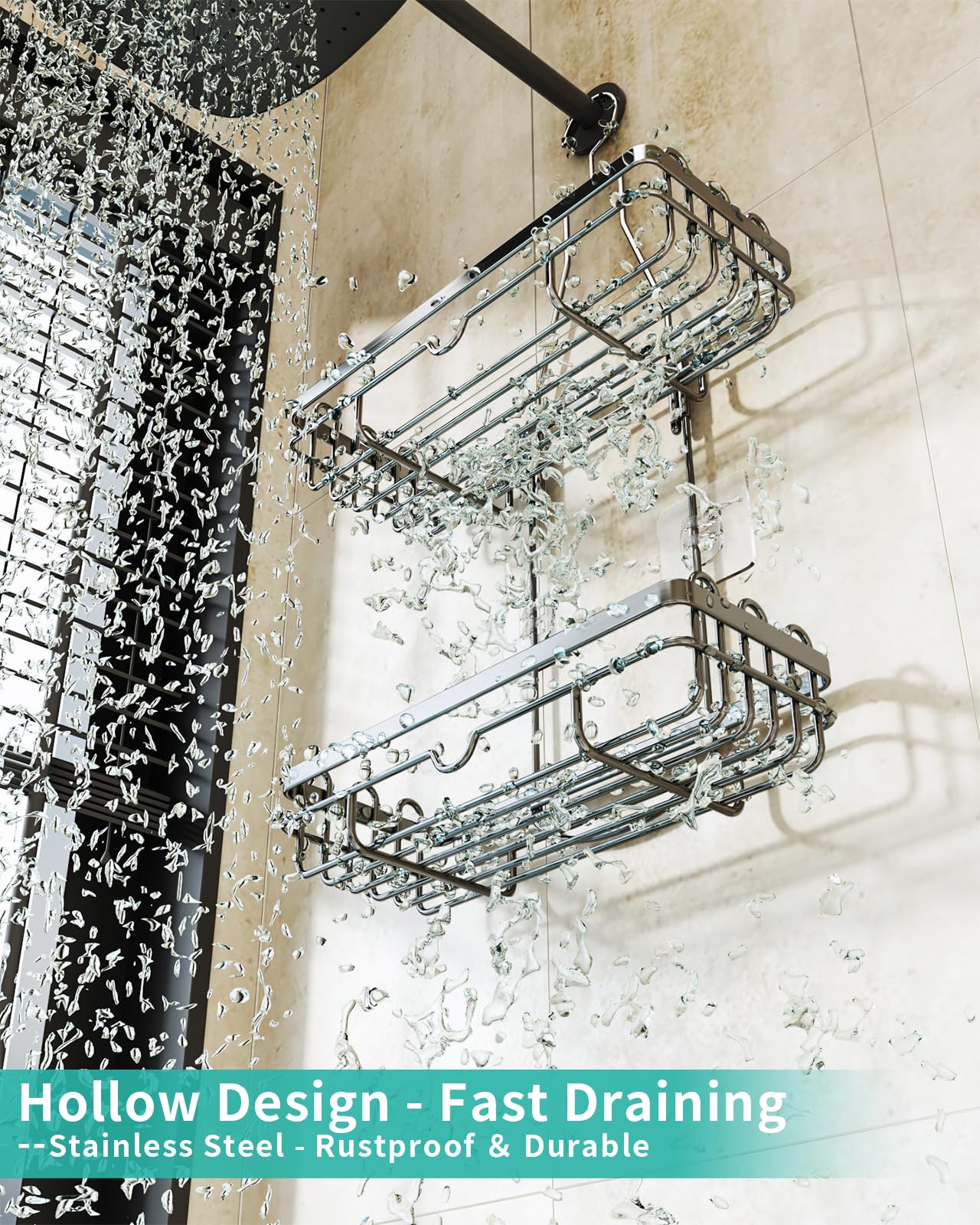 HapiRm hanging shower caddy with multiple hooks - high-quality stainless steel hanging shower shelf without drilling, silver color.