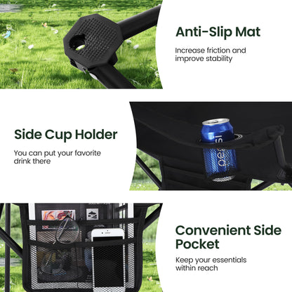 HIGH POINT SPORTS Folding Camping Chair 2-Pack up to 225 lbs Camping Chair with Drink Holders Foldable Camp Chair with Armrests Outdoor Chair (Black)