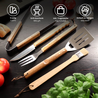 BBQ utensil set (5 pieces): Includes grill tongs, meat fork, grill knife, brush, and grill spatula. Comes with carrying bag, perfect grilling accessories for men. Made of stainless steel.