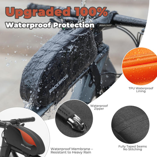 ROCKBROS Bike Frame Bag 100% Waterproof, Durable & Secure Mounting Bicycle Handlebar Bag Top Tube Bag Black 1.6 L for Road Bike MTB