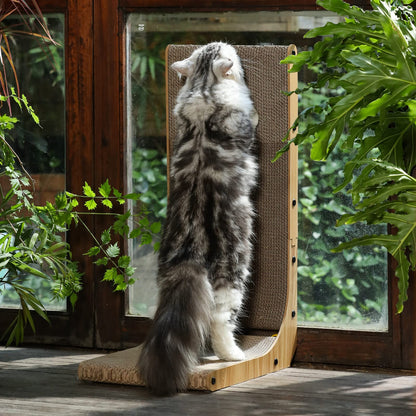 FUKUMARU Cat Scratching Board, 68 cm tall L-shaped cardboard scratch pad for cats, durable cat scratching board with ball toy, premium cardboard cat scratcher for wall and corner, large size.