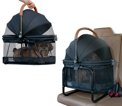 Pet Gear View 360 Pet Carrier & Car Seat with booster seat frame for small dogs & cats, mesh ventilation, snap-on operation, no tools required.