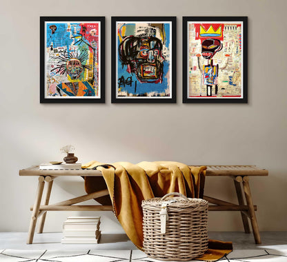 3 pieces Jean-Michel Basquiat modern street graffiti wall art abstract poster print wall decoration artist blue print canvas painting for living room bedroom bathroom office home decorations