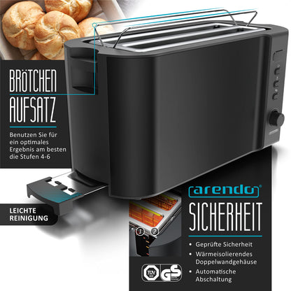Arendo - Kettle with Toaster Set Stainless Steel Black, Kettle 1.5L 40°-100°C Keep Warm Function, Toaster 4 slices LED Display 6 Browning Levels Bun Attachment