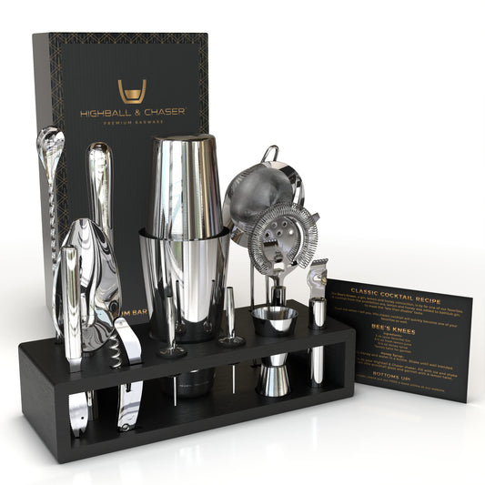 Highball & Chaser bartender kit cocktail shaker set with black stand and drink mixer set. Martini bar set with mixology bar tool set. Best bar accessories (silver) 2 oz.