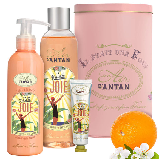 French gift set for women/Scent Orange blossom, lily of the valley/1 shower gel 250ml + 1 body lotion 200ml + 1 hand cream 25ml/Metal box/Un Air d'Antan/Bath additive for women/Wellness set.