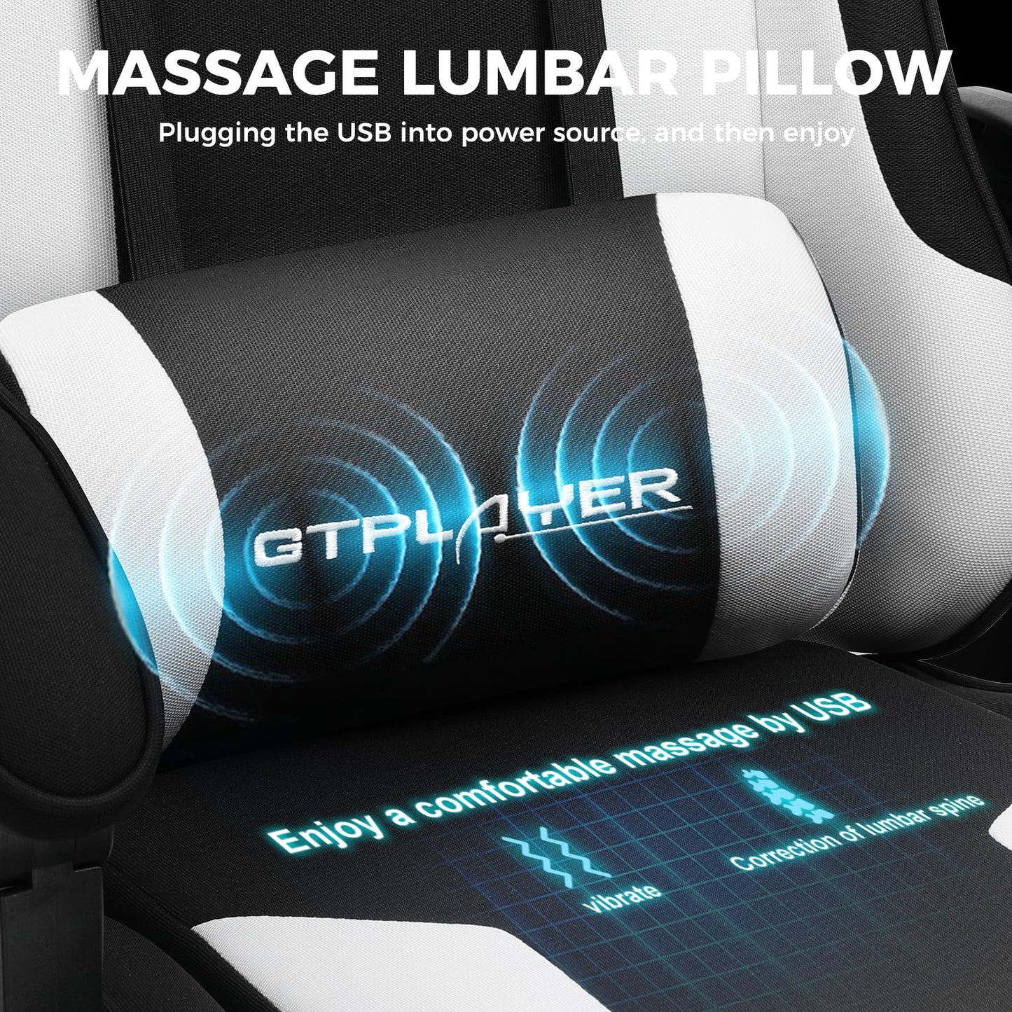 GTPLAYER fabric gaming chair, office chair with massage gaming armchair ergonomic gamer chair with footrest, headrest massage lumbar cushion, padded gaming chair, swivel chair, white