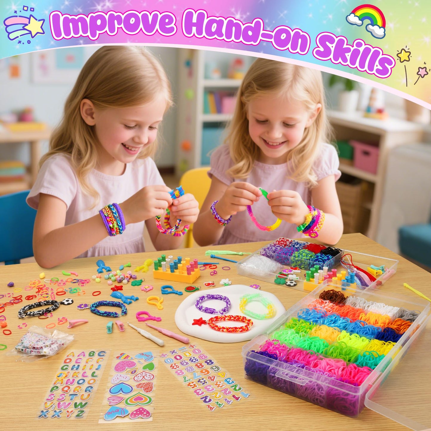 10000+ loom bands set, 2 layer colorful rubber bands kit for bracelets, DIY elastic loom bands kids bracelet making with beads hook charms storage box for beginner boys girls gift