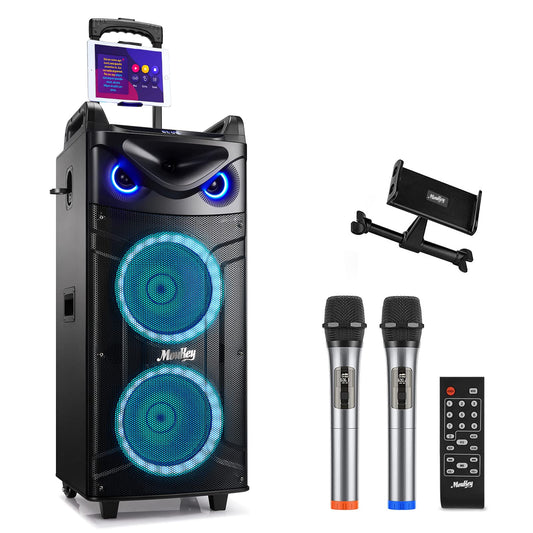 Moukey Karaoke Machine Large karaoke system with 2X 26cm woofer & 8cm tweeter & 2 microphones, Rechargeable Bluetooth speaker with light effect tablet holder TWS/Rec/AUX/USB/TF/FM for party