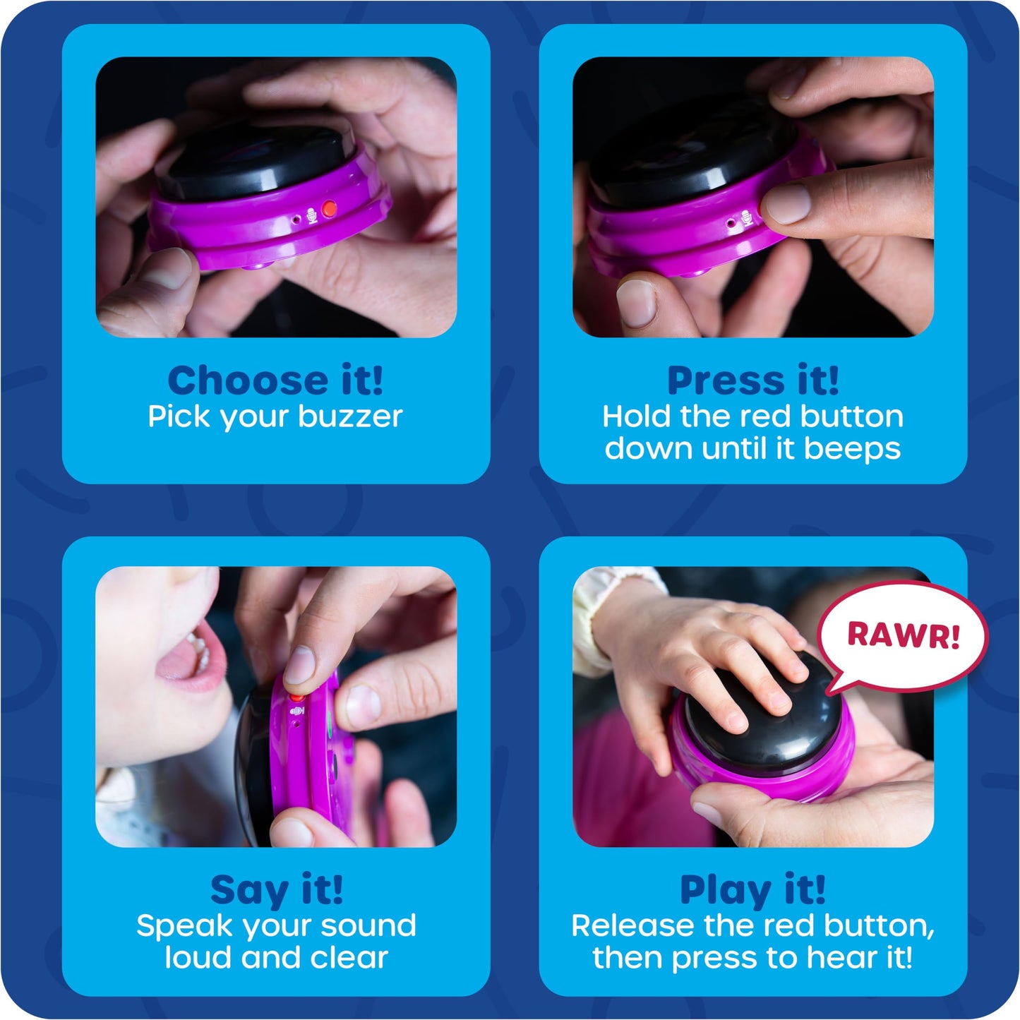 Learning Resources Sound Recordable Answer Buzzers (4 Pack) enhance reaction training during game nights in the classroom or at home. Suitable for ages 3 and up.
