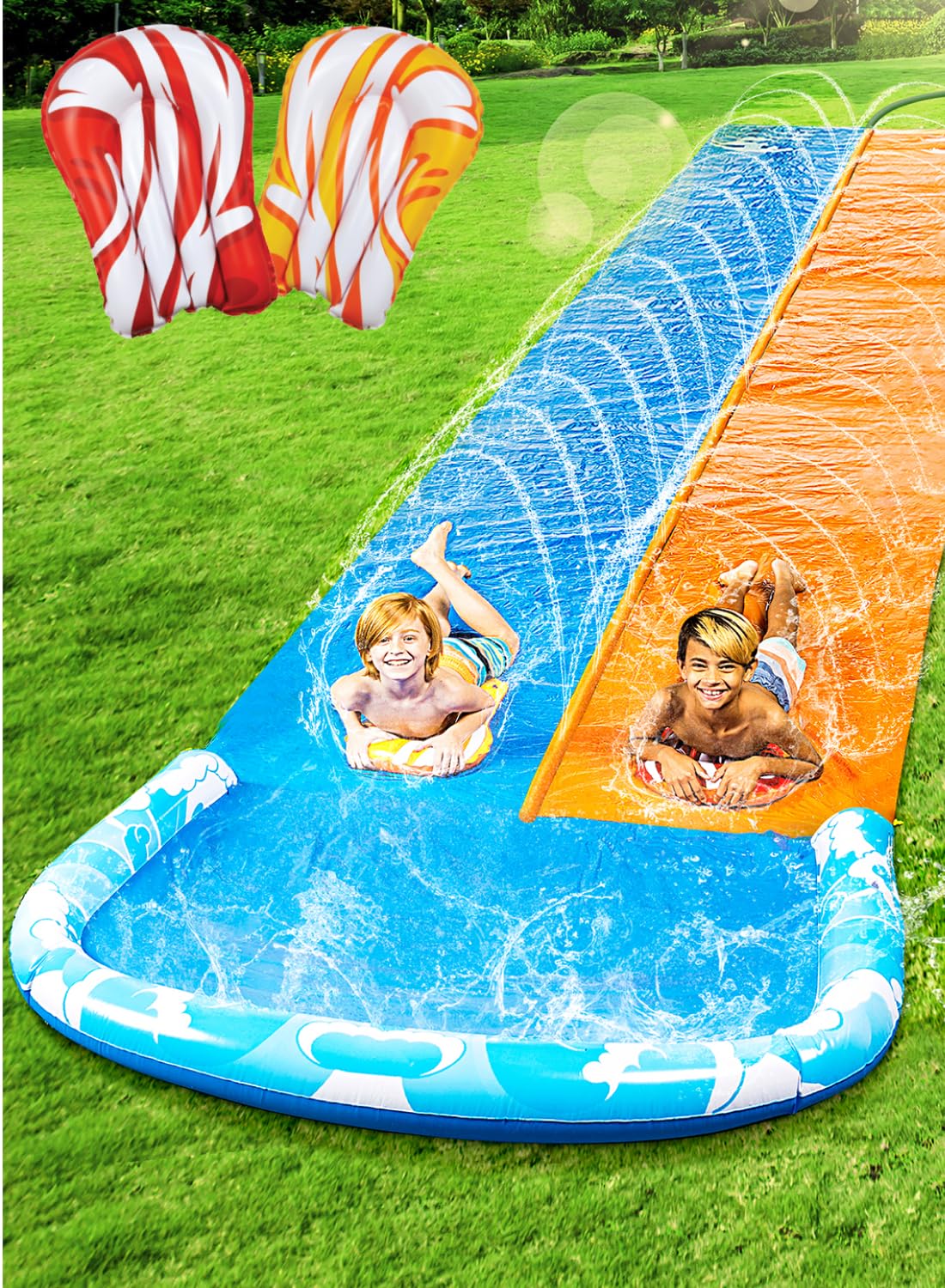 JOYIN 685 cm slide and water slide with 2 bodyboards, lawn water slide with built-in sprinkler for summer water fun in the garden for kids and adults.