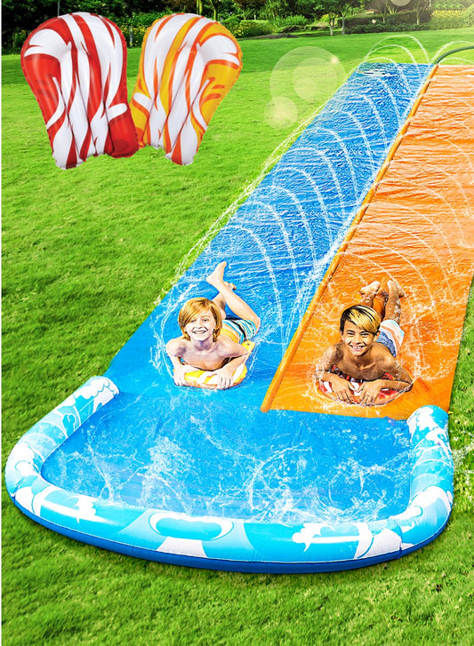 JOYIN 685 cm slide and water slide with 2 bodyboards, lawn water slide with built-in sprinkler for summer water fun in the garden for kids and adults.