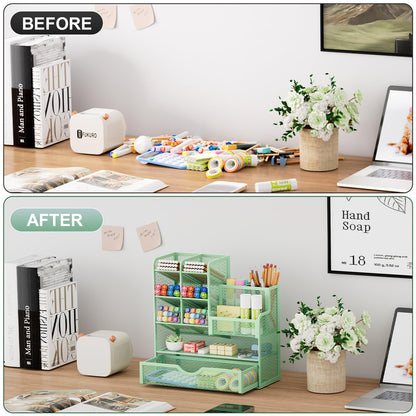 Marbrasse Mesh Desk Organizer, Multifunctional Pen Holder with Drawer, Storage Shelf for School Home Office Supplies (Green)