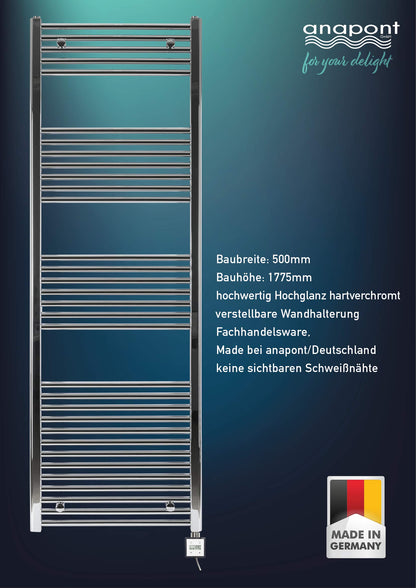 anapont electric bathroom radiator - straight - chrome - timer function - towel radiator - electric bathroom heating - towel heating - Made in Germany (KTX 3, 1775h x 500w)