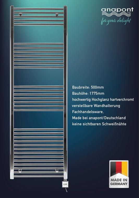 anapont electric bathroom radiator - straight - chrome - timer function - towel radiator - electric bathroom heating - towel heating - Made in Germany (KTX 3, 1775h x 500w)