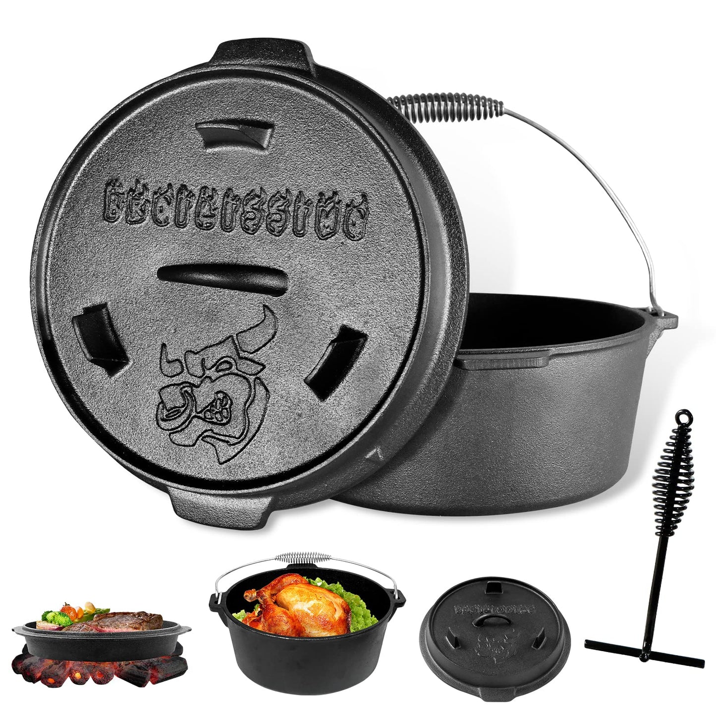 BROILISSIMO Dutch Oven Set Cast Iron approx. 4 6 9 L Grill Pot Fire Pot Pot for Grill and Camping Fire Pot Set