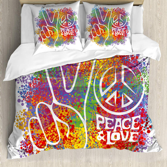 ABAKUHAUS Hippie Bedding Set for Double Beds, Peace Love Pacifism, Soft Microfiber Fabric Allergy-Friendly No Fading, Red White