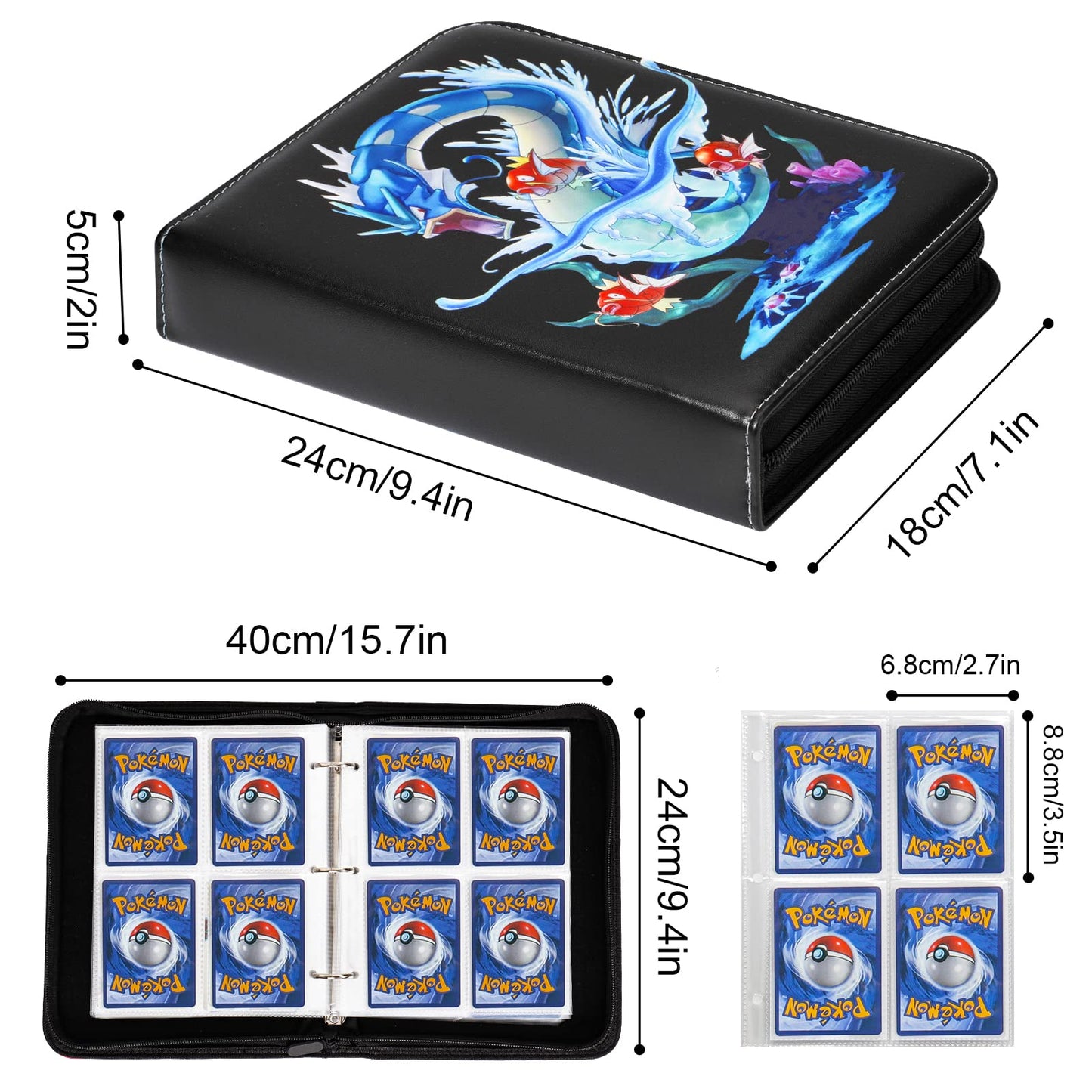 Pokemon card collection album, 400 cards, 4 pockets per page, 50 pages in total. Made of high quality waterproof PU leather. Perfect gift for kids.