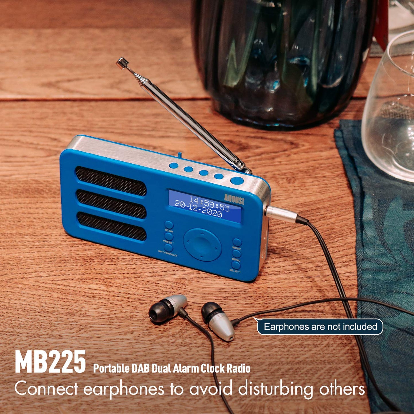 August MB225 - Portable radio with DAB+ / DAB/FM RDS function 40 presets digital radio alarm clock stereo/mono digital radio with sleep timer dual alarm snooze and rechargeable battery audio input.