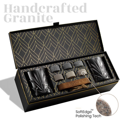 Whiskey Stones Set - 6 Handcrafted Round Granite Whiskey Stones - 2 Whiskey Glasses - Hardwood Presentation and Storage Board - Whiskey Gift Set Box with Gold Foil by Rocks