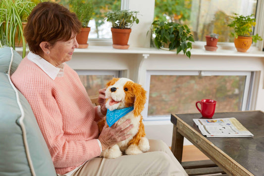 Ageless Innovation Joy For All Interactive Pet Dog - Realistic pet with soft fur, head and tail movements, lifelike heartbeat, and two-way bark back technology - Freckled Pup