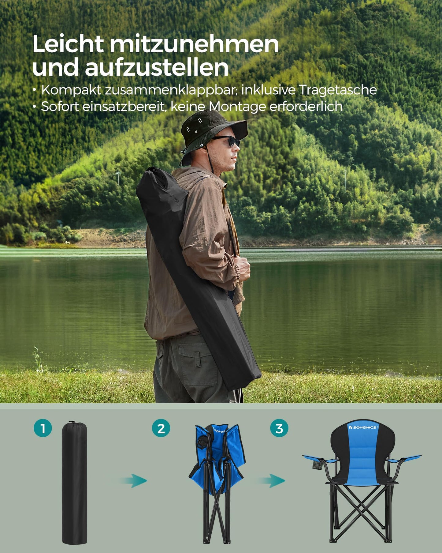 SONGMICS Beach Chair, Camping Chair, Folding Chair with Drink Holder, Foam Padding, Foldable, Supports up to 250 kg, Outdoor Chair, Blue-Black GCB06BU