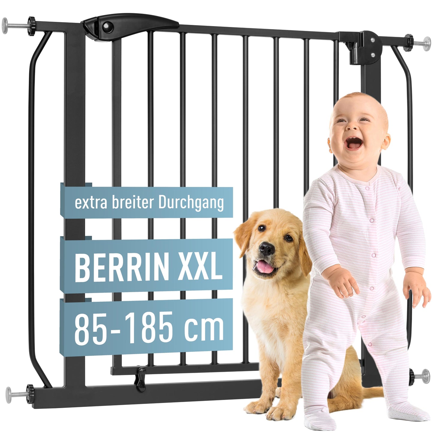 ib style Berrin XXL stair gate 85-185cm, No drilling required, Baby safety gate, Pet gate, Black, 85-95 cm