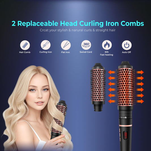 32/38mm Thermal Brush, Ceramic-Tourmaline Hot Brush, Heat Brush with 120-200 ℃ Digital Display, 9 Temperatures, Thermal Brush for Root Volume and Loose Curls, Heated Brush, Dual Voltage
