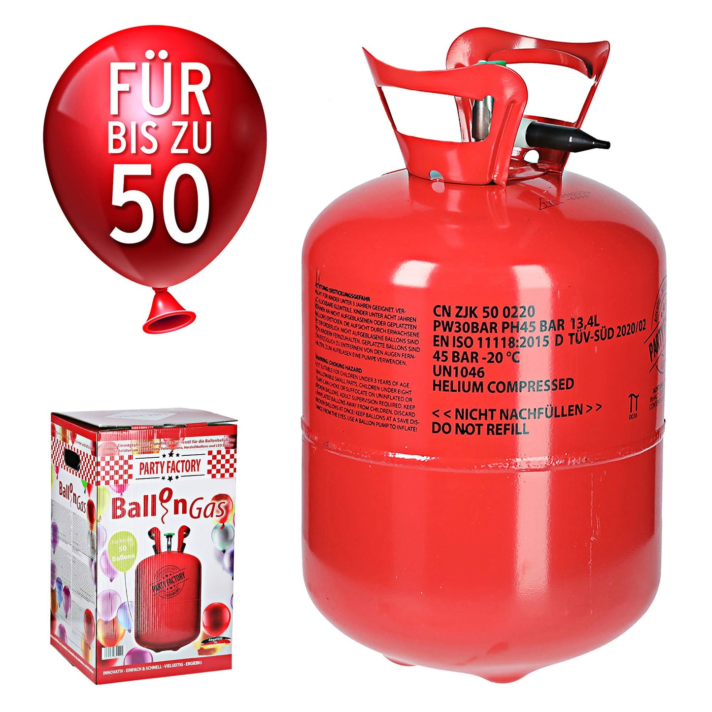 Helium balloon gas for 50 balloons | Helium tank gas filling foil | balloons | Party Factory helium gas for weddings (1 x balloon gas 50)