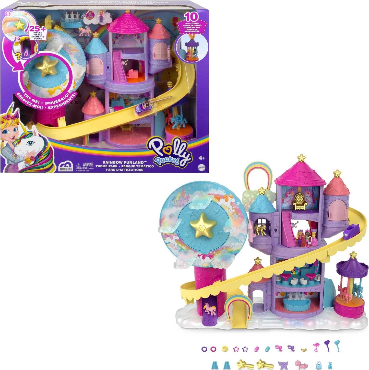 Polly Pocket HBT13 - Rainbow Unicorn Fun Fair, 3 different amusement park attractions, 7 play areas, 2 dolls, 2 unicorns, and 25 surprises (30 total pieces), for ages 4 and up.