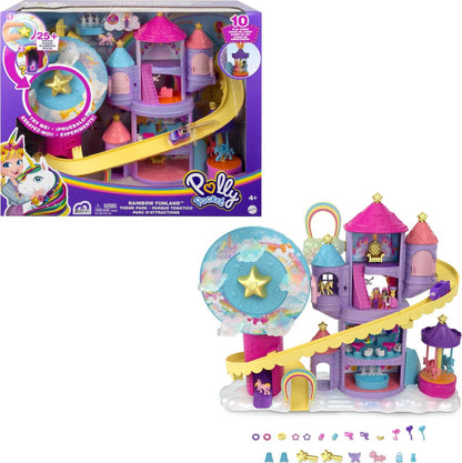 Polly Pocket HBT13 - Rainbow Unicorn Fun Fair, 3 different amusement park attractions, 7 play areas, 2 dolls, 2 unicorns, and 25 surprises (30 total pieces), for ages 4 and up.