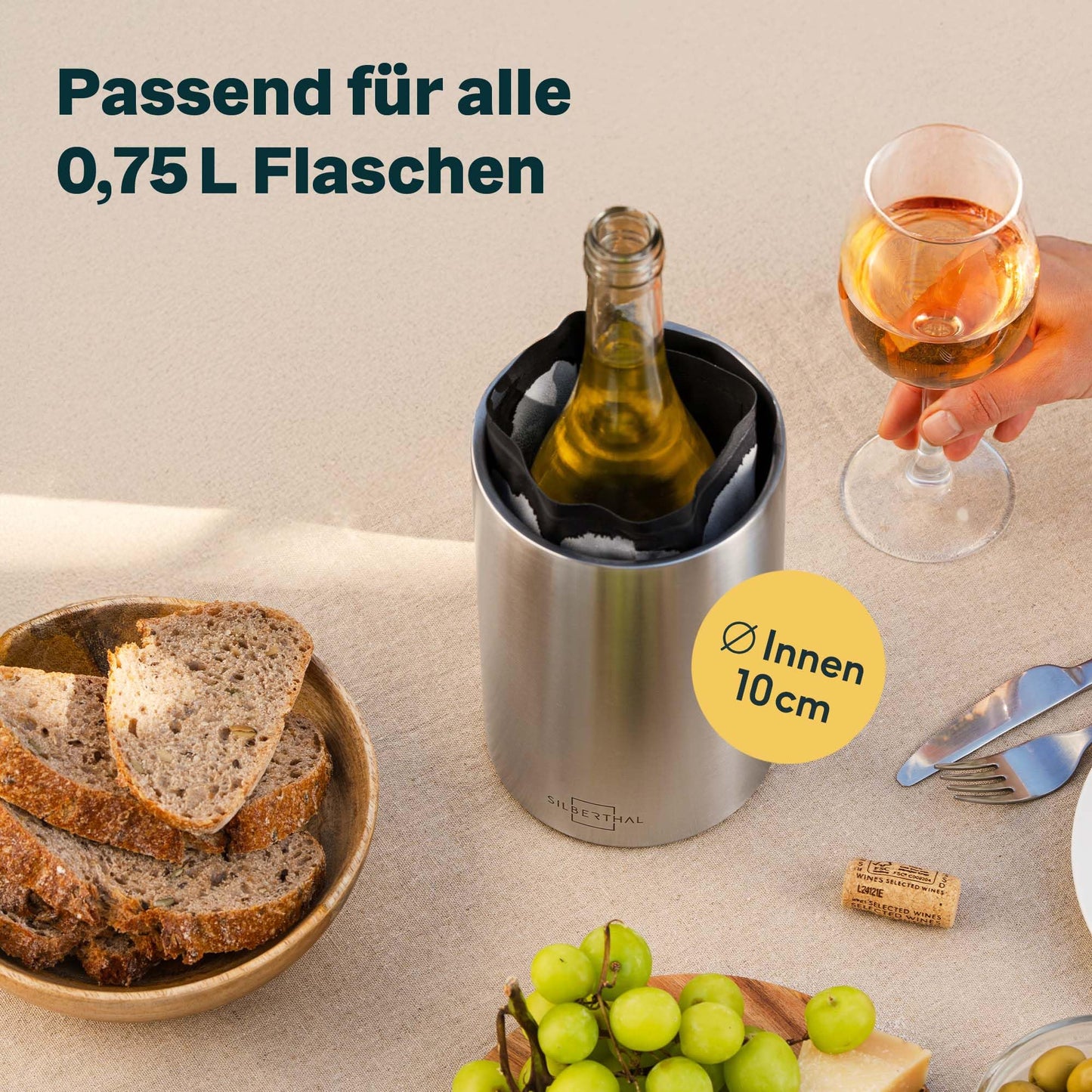 SILBERTHAL Wine Cooler Stainless Steel Double-walled with 2 Cooling Elements - Active Cooling with Cooling Sleeves - Ideal for White Wine and Rosé