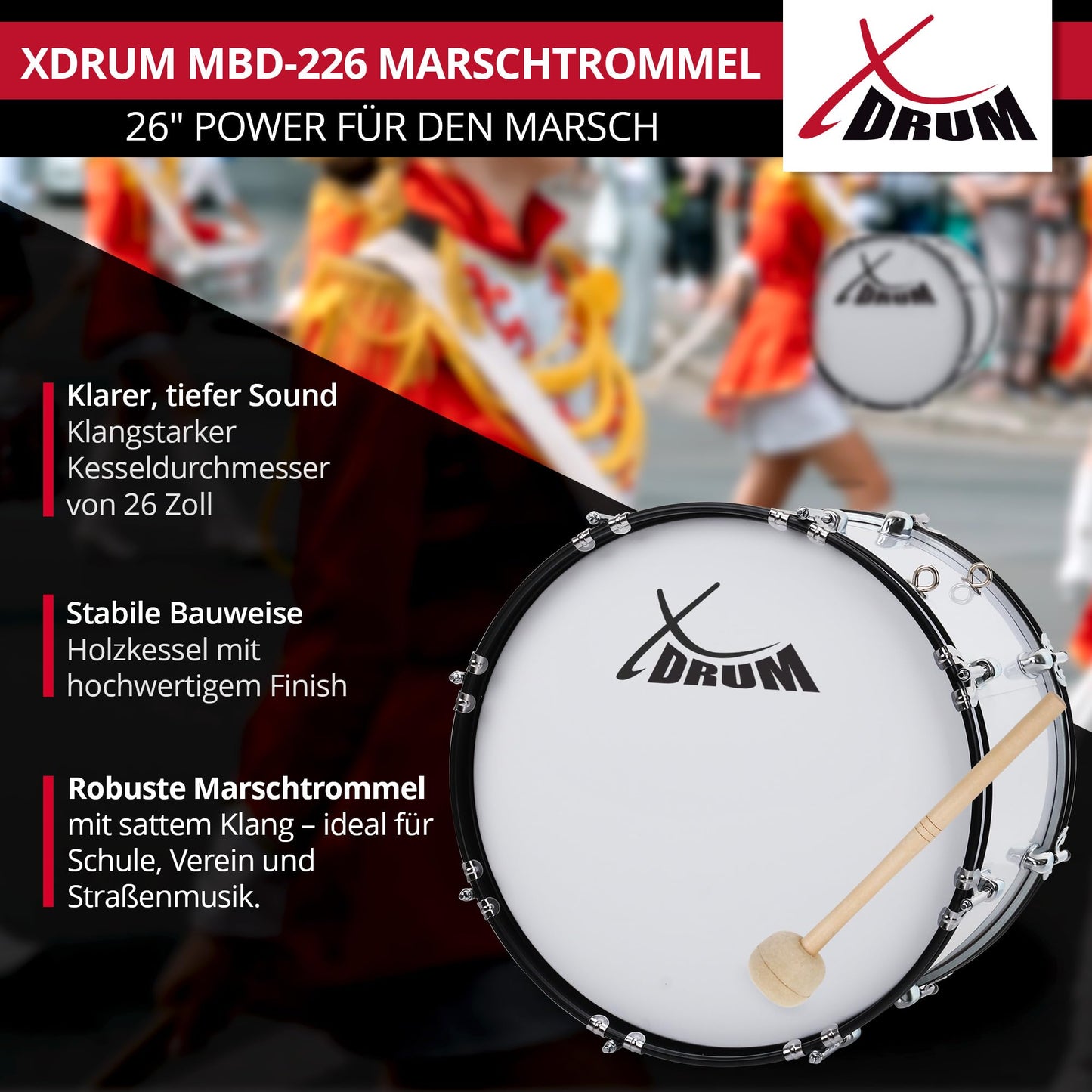 XDrum MBD-226 Marching Bass Drum, Football Drum 26" x 12" (10.5 kg, 4 eyelets, tension rods, includes pair of mallets, carrying straps, tuning key) white
