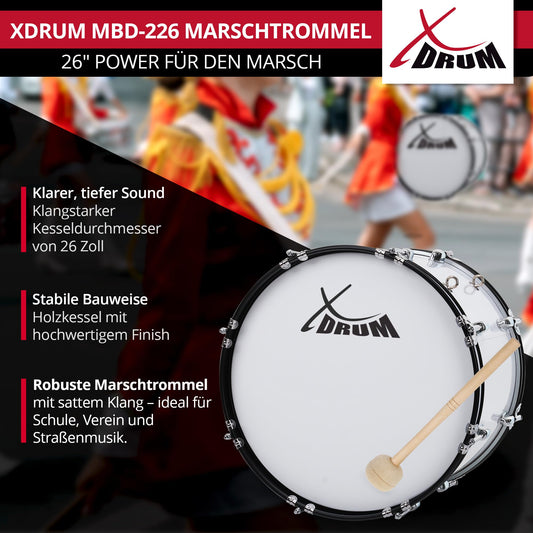 XDrum MBD-226 Marching Bass Drum, Football Drum 26" x 12" (10.5 kg, 4 eyelets, tension rods, includes pair of mallets, carrying straps, tuning key) white