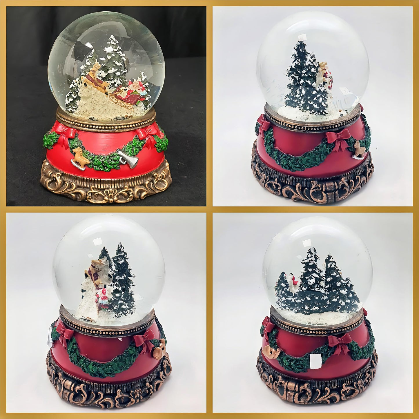 Snow globe Christmas music box | Santa in sleigh | Base Christmas red pine garland | with music | Shake ball Christmas decoration | W: 10 cm H: 14 cm | 20276