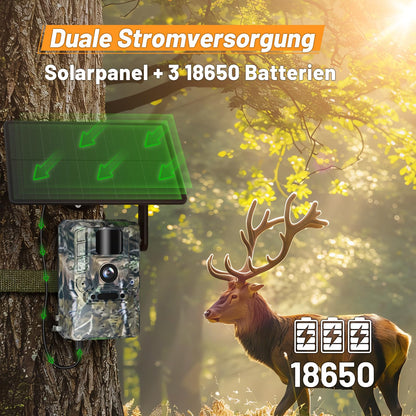 XTU 4G trail camera with SIM card - LTE solar wildlife camera with mobile transmission app, PIR motion sensor, no-glow infrared night vision camera with 7800mAh battery, 32GB SD card, 2-way audio IP66.
