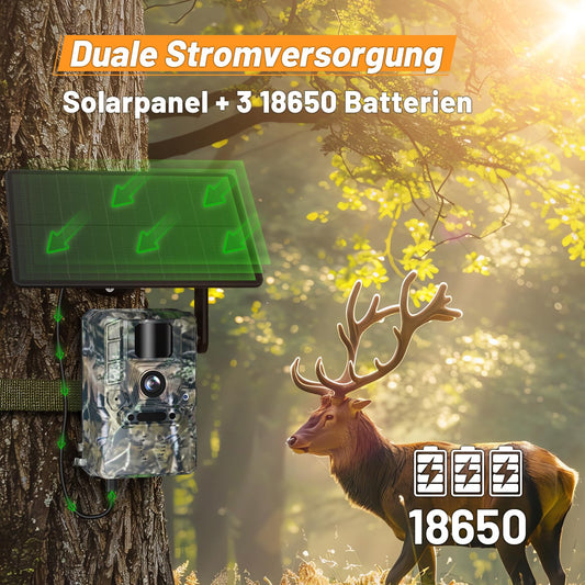 XTU 4G trail camera with SIM card - LTE solar wildlife camera with mobile transmission app, PIR motion sensor, no-glow infrared night vision camera with 7800mAh battery, 32GB SD card, 2-way audio IP66.